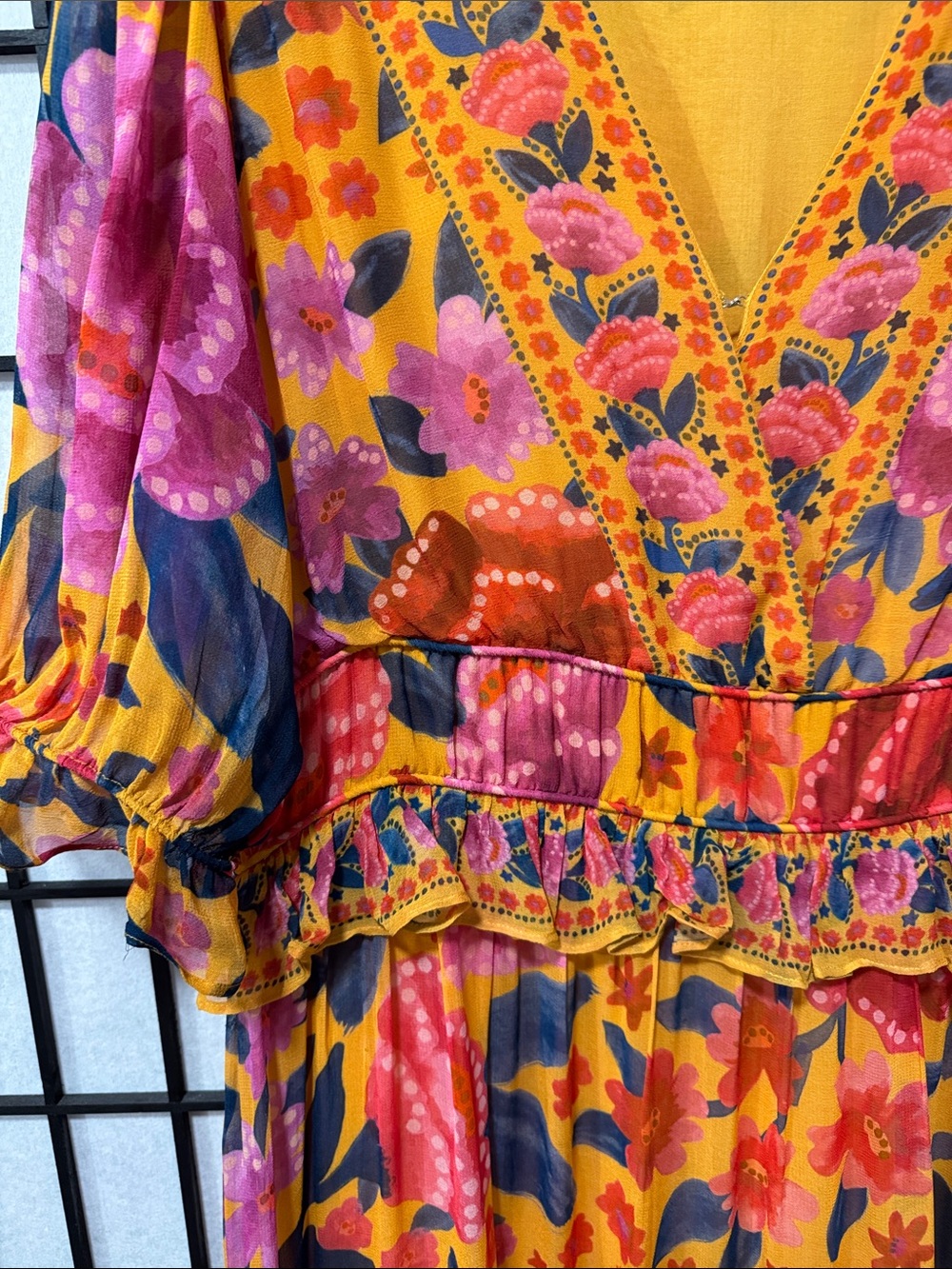 FARM Rio Ruffled Floral Print Georgette Maxi Dress Marigold XL NWOT - Picture 11 of 16